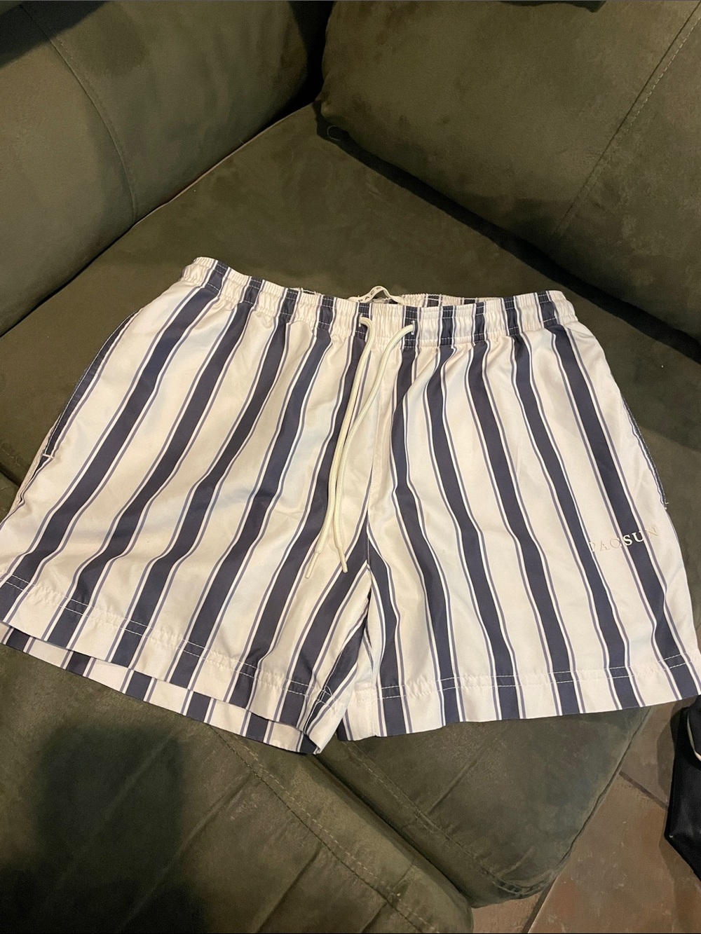 PacSun Men's White and Navy Vertical Stripe Swim Trunks